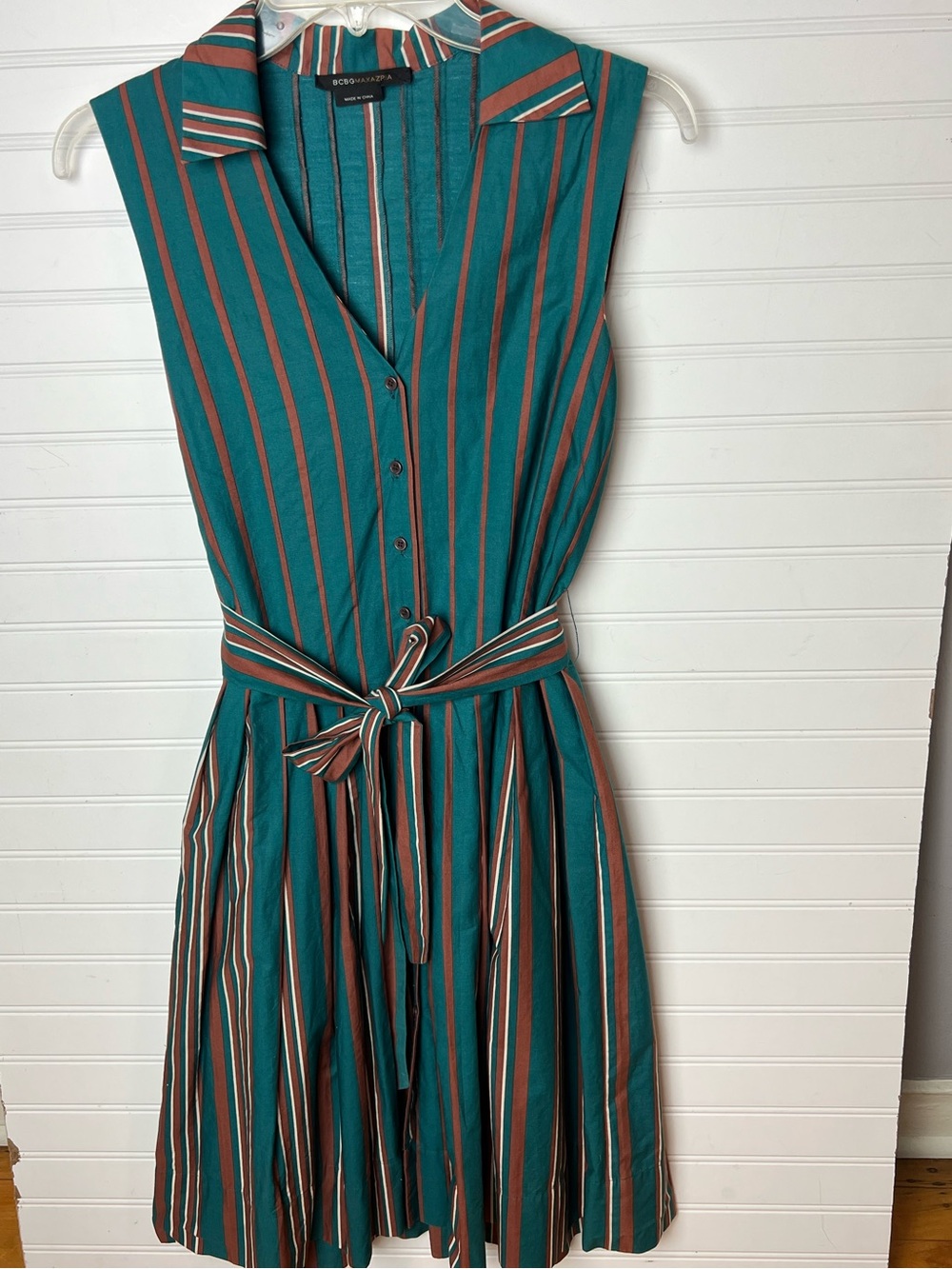 BCBGMaxAzria Pleated Shirt Dress in Green and Brown